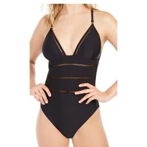 Bar III BLACK Ladder Stitch Plunging One-Piece Swimsuit, Size Small